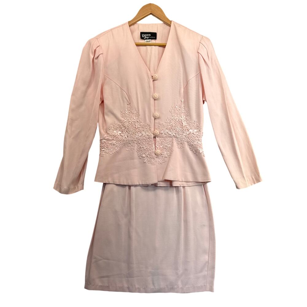 Dawn Joy Fashions Vintage Light Pink Embroidered Blazer Skirt Suit Set Women 12